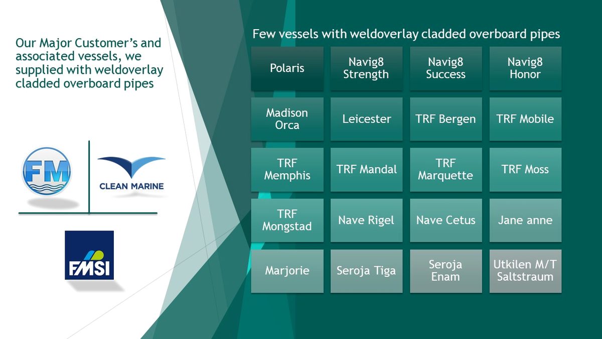 List of vessels supplied with weldoverlay cladded overboard pipes
