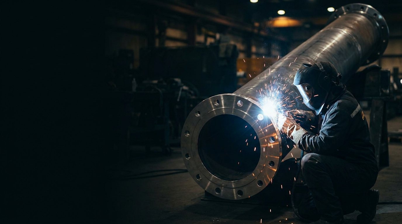 Welder depositing a corrosion resistant alloy overlay on a large flanged pipe