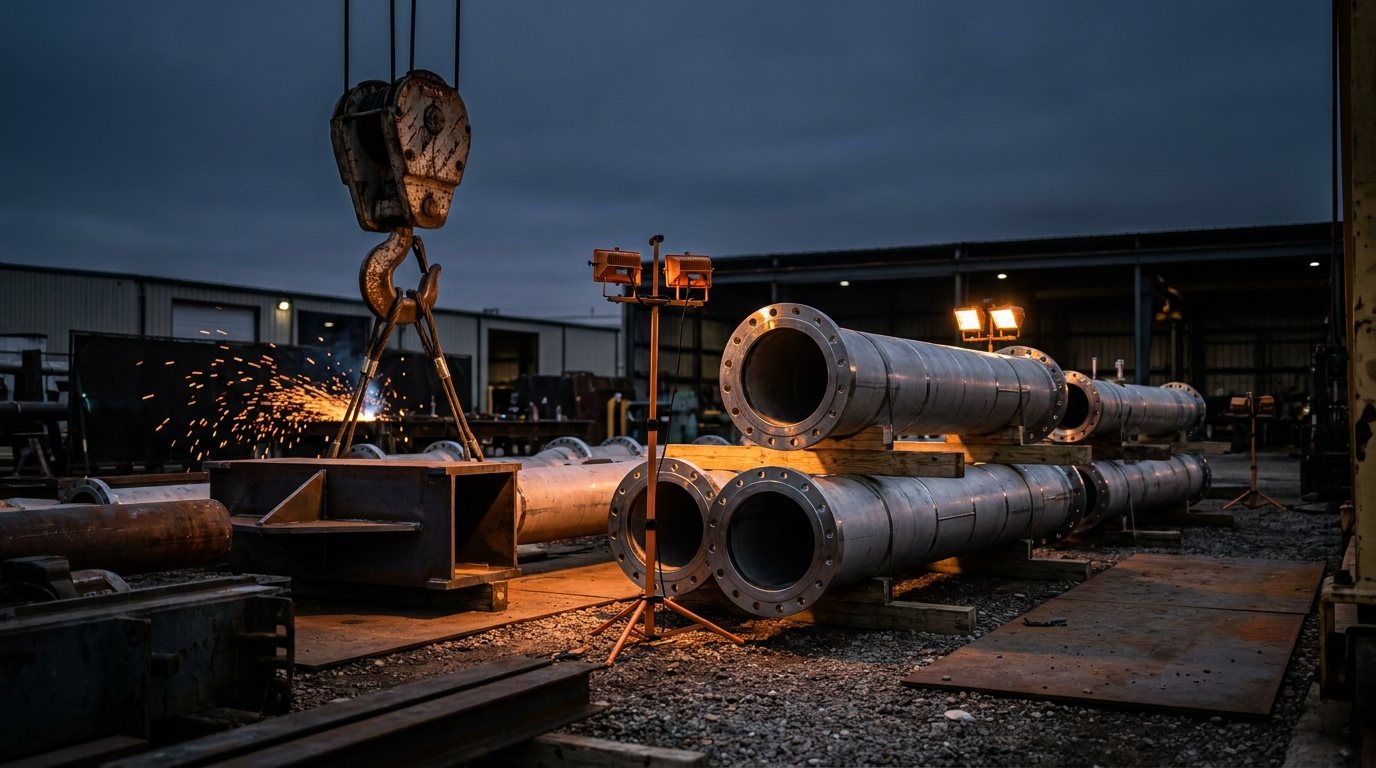 Clad pipe spools staged for load-out at dusk